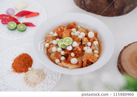 Meatballs with Peanut Crackers as a Background Meatballs with Peanut Crackers as a Background 115980460