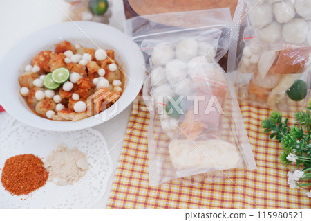 Meatballs with Peanut Crackers as a Background Meatballs with Peanut Crackers as a Background 115980521