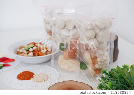 Meatballs with Peanut Crackers as a Background Meatballs with Peanut Crackers as a Background 115980534