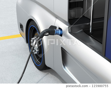 Close-up image of a fuel cell truck being filled with hydrogen gas at a hydrogen station 115980755