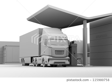 A clay rendering image of an FCV fuel cell truck filling up with hydrogen gas at a hydrogen station. 115980758