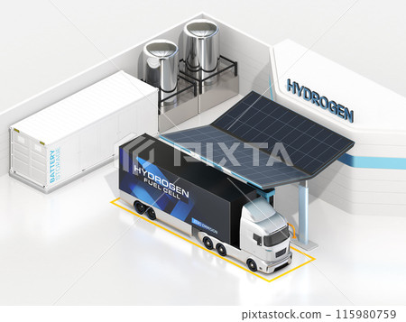 一輛FCV卡車向配備貨櫃式蓄電池的加氫站充注氫氣的等距影像 115980759