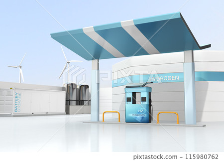 圖為配備貨櫃蓄電池、高壓氫氣罐和風力渦輪機的加氫站。 115980762