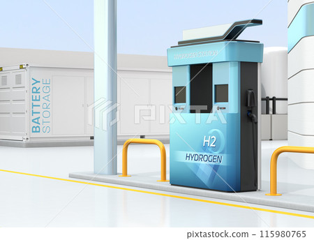 圖為配備貨櫃式蓄電池和高壓氫氣罐的加氫站。 115980765
