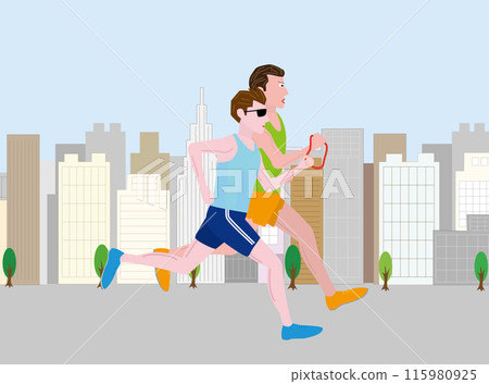 這是一位視障人士跑馬拉鬆的插圖。跑步嚮導將陪伴您。 這是一位視障人士跑馬拉鬆的插圖。跑步嚮導將陪伴您。 115980925