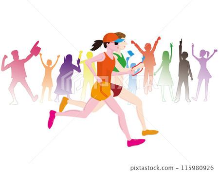 This is an illustration of a visually impaired person running a marathon. A guide runner is accompanying him. 115980926