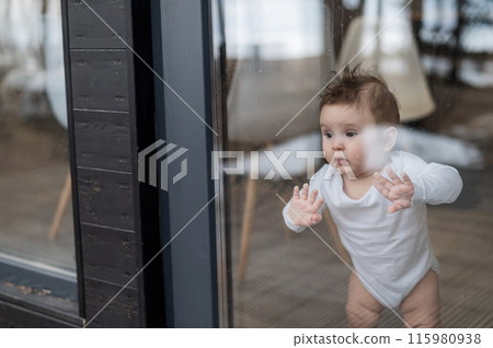 Baby boy standing by the patio window.  115980938