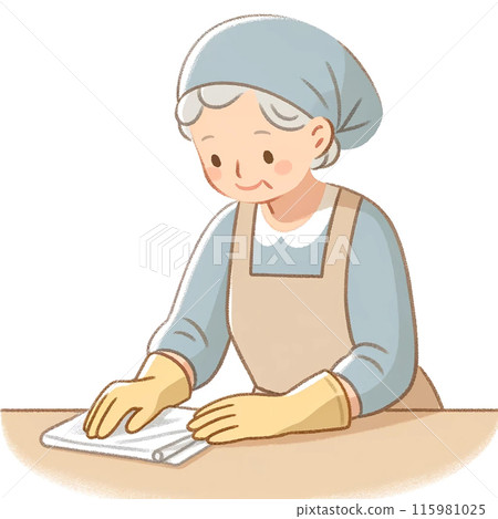 Working elderly woman, rewarding employment, illustration of a grandmother wiping a desk 115981025