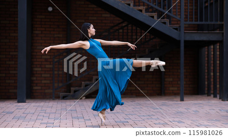 Beautiful Asian ballerina dancing outdoors. Urban landscape. 115981026