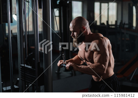 Bald Caucasian Bodybuilder doing heavy triceps exercises with cable. Bald Caucasian Bodybuilder doing heavy triceps exercises with cable. 115981412