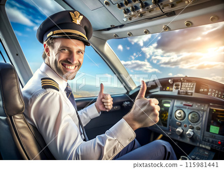 A male pilot giving a thumbs up in a cockpit A male pilot giving a thumbs up in a cockpit 115981441