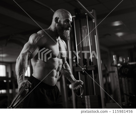 Bald Caucasian bodybuilder training chest using cable crossover in gym.  115981456