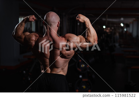 Caucasian bald man posing in the gym. 115981522