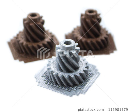 Detailed models printed on 3D printer from polymer close-up isolated on white background. Detailed object created by 3D printer using 3D printing method. Concept 3D Printing. SLA printing technology 115981579