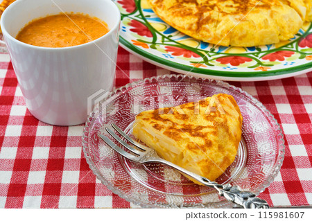 Spanish food tortilla (Spanish omelette) and gazpacho 115981607