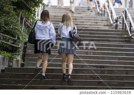 Back view of a high school girl climbing the stairs 115981639