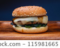 Cheese hamburger with buttered spinach 115981665