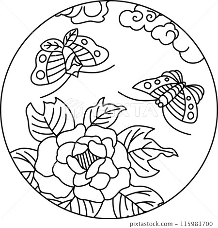 Line drawing circular Hanafuda Minazuki Peony Butterfly June Peony and butterfly Line drawing circular Hanafuda Minazuki Peony Butterfly June Peony and butterfly 115981700