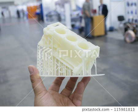 Detailed models in form of internal combustion engine printed on 3D printer from polymer close-up. Detailed object created by 3D printer using 3D printing method. Concept 3D Printing. SLA technology 115981813