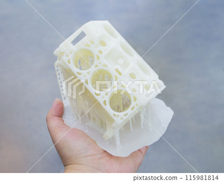 Detailed models in form of internal combustion engine printed on 3D printer from polymer close-up. Detailed object created by 3D printer using 3D printing method. Concept 3D Printing. SLA technology 115981814