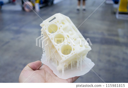 Detailed models in form of internal combustion engine printed on 3D printer from polymer close-up. Detailed object created by 3D printer using 3D printing method. Concept 3D Printing. SLA technology 115981815