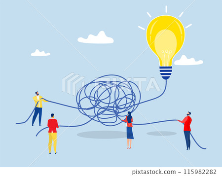 Discover easy way to understand concept,Team business Solve away from mess chaos line to simple lightbulb idea.Simplify idea to find solution vector illustrator 115982282