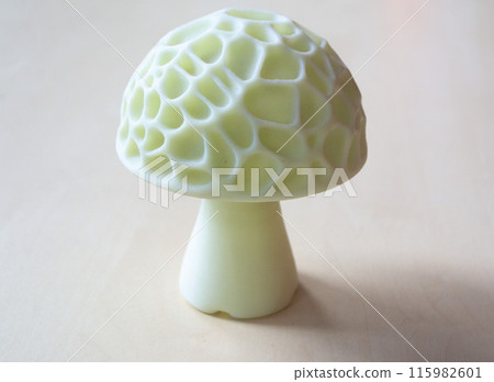 Object in the form of mushroom of white color printed on a 3D printer. Three-dimensional model printed on a 3D printer from molten plastic of red color. Concept 3D Printing. FDM 3D Printing technology 115982601