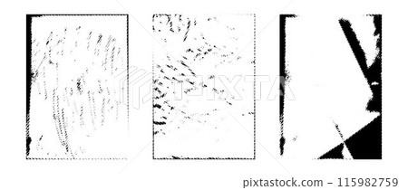 Halftone rough grunge paper collection. Aged pixelated texture overlay set. Old worn scratched crumpled background. Dirt grainy distressed wallpaper for poster, vinyl cover, frame, banner. Vector pack 115982759