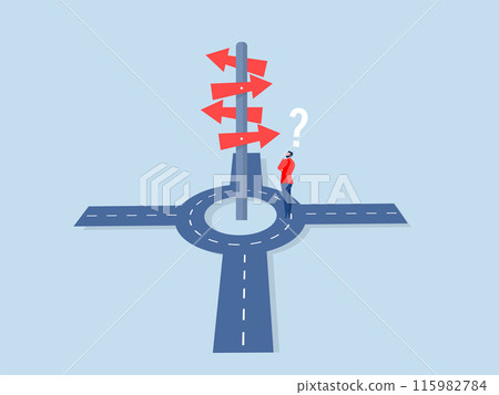 direction or choose the right way to success concept,businessman looking at multiple road sign with question mark and thinking which way to go vector 115982784
