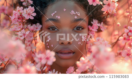 Young Afro Girl Face with Japanese Sakura Cherry Blossoms Young Afro Girl Face with Japanese Sakura Cherry Blossoms 115983083