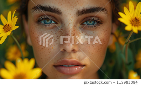 Freckled Beautiful Woman Face with Yellow Flowers Freckled Beautiful Woman Face with Yellow Flowers 115983084