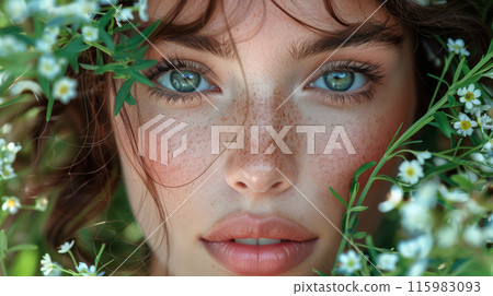 Young Woman's Face with Freckles and Green Eyes Surrounded by Flowers 115983093