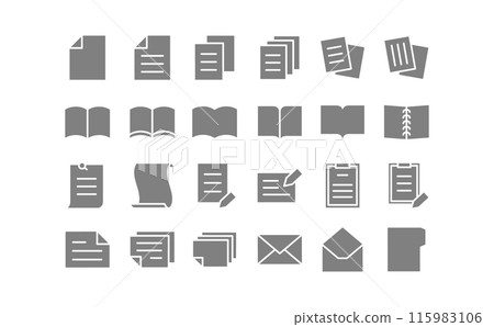 Documents and books grey silhouette icons Documents and books grey silhouette icons 115983106