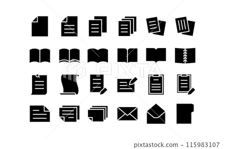 Documents and books black silhouette icons Documents and books black silhouette icons 115983107