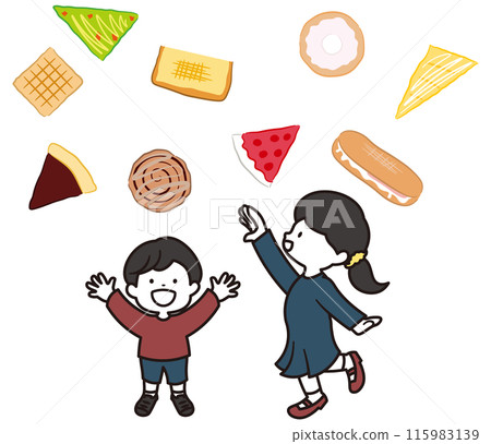 男孩和女孩選擇麵包和烘焙食品的插畫素材 男孩和女孩選擇麵包和烘焙食品的插畫素材 115983139