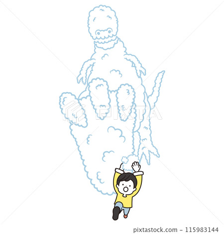 Illustration of a boy running while being chased by a foam dinosaur made while washing his hands Illustration of a boy running while being chased by a foam dinosaur made while washing his hands 115983144