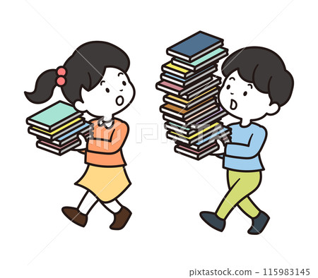 圖書館員男孩和女孩背著書的插畫素材 115983145