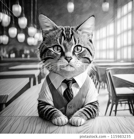 A cat customer at a monochrome restaurant 115983235