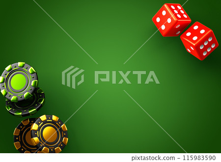 Poker game chips and dice on green casino table background. Gold and black gambling coin money tokens and red cubes 3d render icons. Backgammon or craps lucky die roll banner template. 3D illustration Poker game chips and dice on green casino table background. Gold and black gambling coin money tokens and red cubes 3d render icons. Backgammon or craps lucky die roll banner template. 3D illustration 115983590