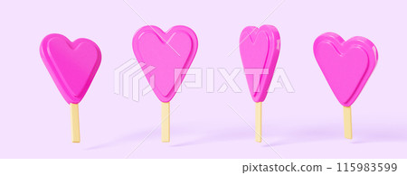 Lollipop or ice cream in heart shape 3d render icon set. Realistic pink love candy, sundae on wooden stick for Valentines day or wedding, romance sweet dessert isolated on background. 3D illustration 115983599