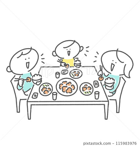 Family of three eating with smiles, family, meal, dining table 115983976