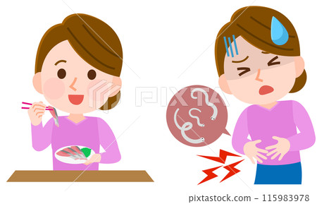 Illustration of a woman suffering from stomach pain after eating anisakis on sashimi 115983978