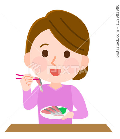 一個女人吃美味的生魚片的插圖 115983980