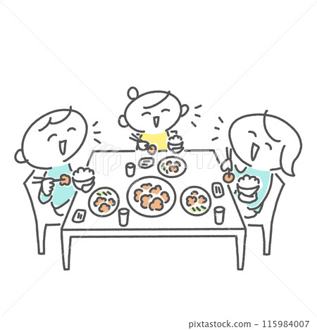 Family of three eating with smiles, family, meal, dining table 115984007
