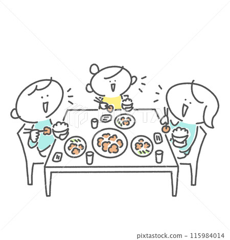 Family of three eating with smiles, family, meal, dining table 115984014