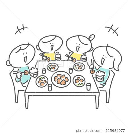 A family of four eating with smiles - hand-drawn illustration 115984077