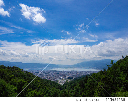 Lake Suwa and the cityscape as seen from the observation deck, Suwa City, Nagano Prefecture Lake Suwa and the cityscape as seen from the observation deck, Suwa City, Nagano Prefecture 115984386