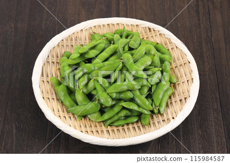 Fresh edamame beans served in a colander Fresh edamame beans served in a colander 115984587