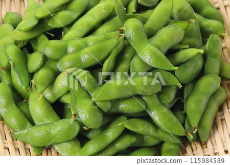 Fresh edamame beans served in a colander Fresh edamame beans served in a colander 115984589