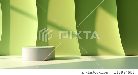 Abstract horizontal template with yellow-green vertical decorative background, floor and white cylindrical exhibition stand. AI generated image 115984695